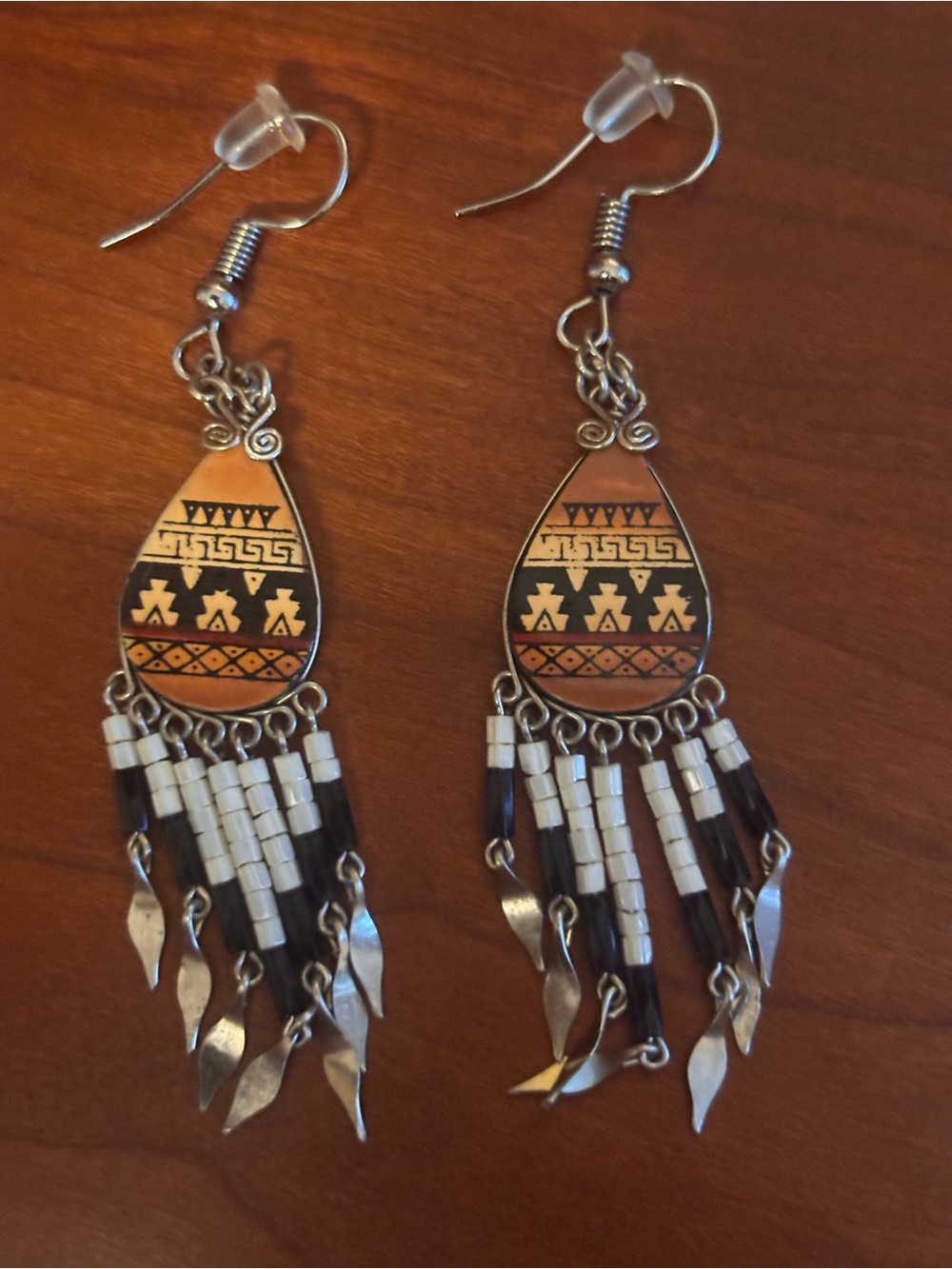 Handcrafted Tribal Teardrop Dangle Earrings in Brown and White